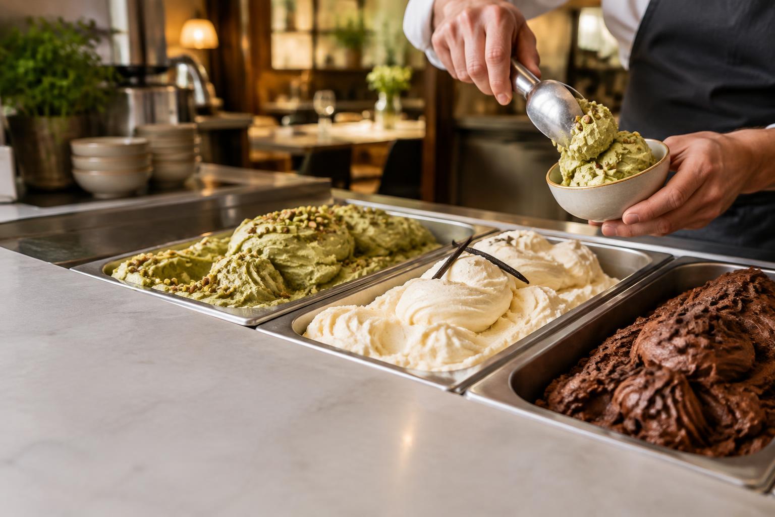 Sfeerbeeld van ambachtelijke gelato geserveerd in een horecazaak