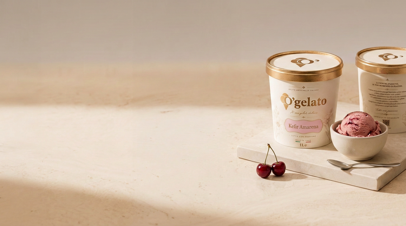O'Gelato 1 L Kefir Amarena met roze kersensticker, kersengelato en subtiele kersendecoratie