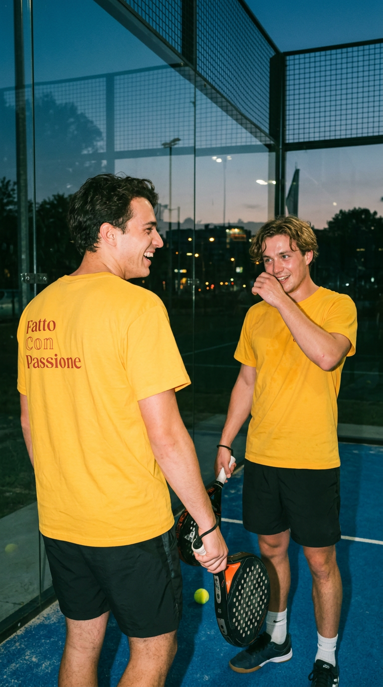 Jonge volwassenen op de padelbaan in gele O'Gelato T-shirts — gegenereerde sfeerfoto