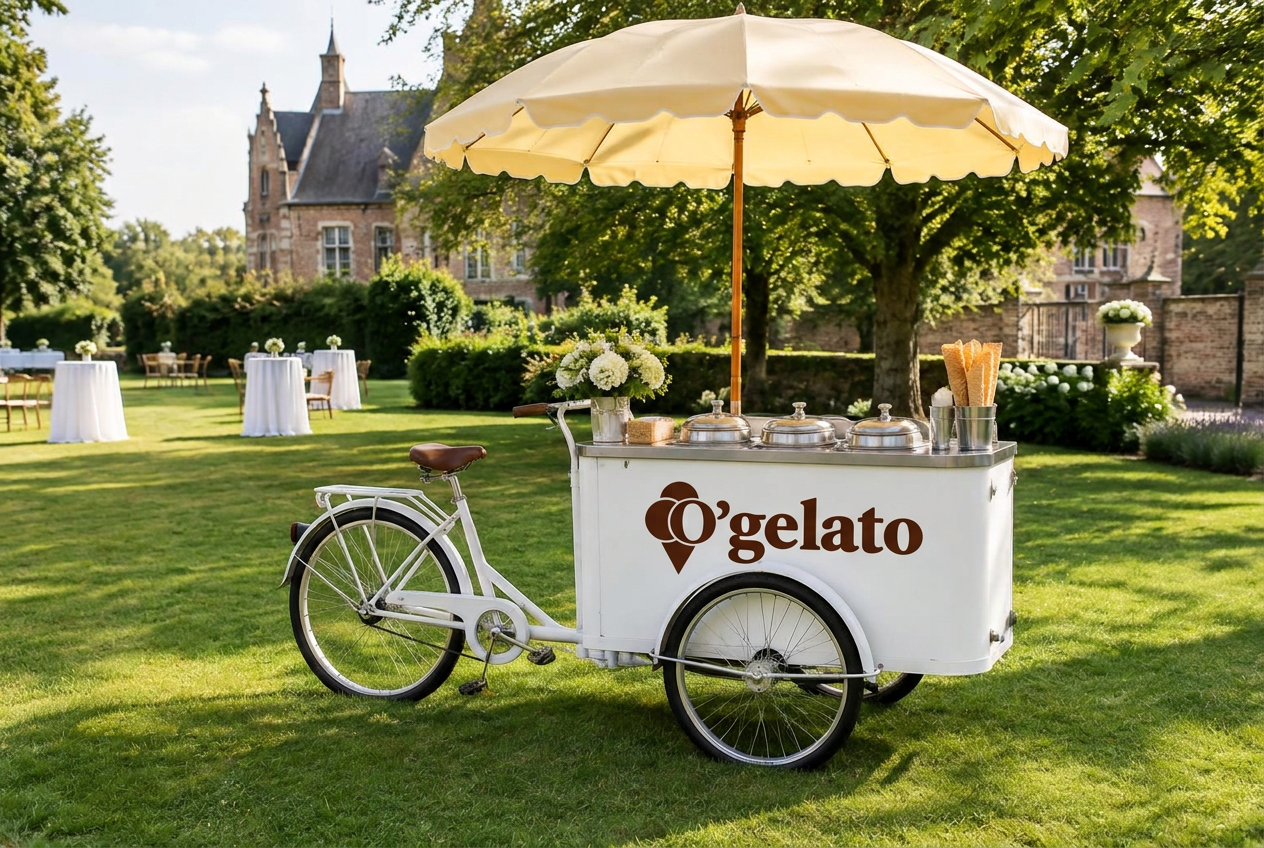 Sfeerbeeld van een ijsfiets met parasol op een groen grasveld